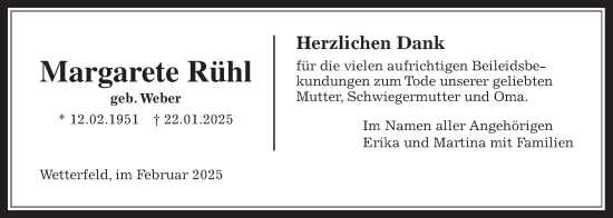 Traueranzeige von Margarete Rühl von Laubacher Anzeiger