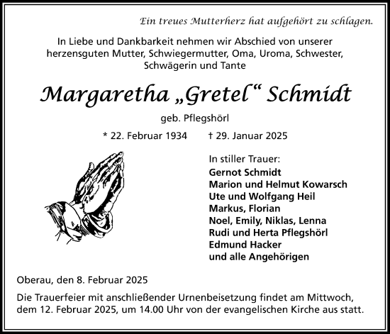 Traueranzeige von Margaretha Schmidt von Kreis-Anzeiger