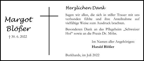 Traueranzeige von Margot Blößer von Kreis-Anzeiger