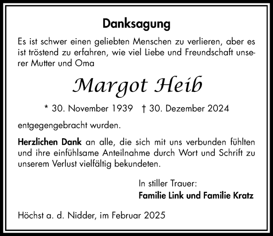 Traueranzeige von Margot Heib von Kreis-Anzeiger
