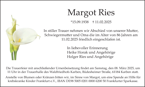 Traueranzeige von Margot Ries von Bad Vilbel/Karben