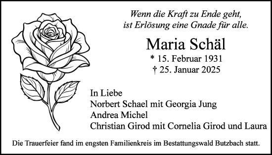 Traueranzeige von Maria Schäl von Butzbacher Zeitung