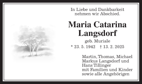 Traueranzeige von Maria Catarina Langsdorf von Butzbacher Zeitung
