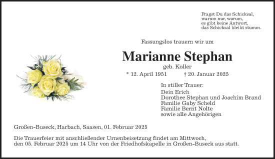 Traueranzeige von Marianne Stephan von Giessener Allgemeine, Alsfelder Allgemeine, Giessener Anzeiger