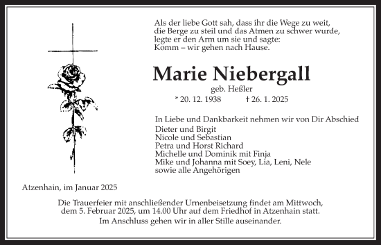 Traueranzeige von Marie Niebergall von Mücker Stimme, Giessener Allgemeine, Alsfelder Allgemeine