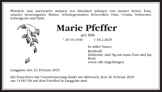 Traueranzeige von Marie Pfeffer von Giessener Allgemeine, Alsfelder Allgemeine