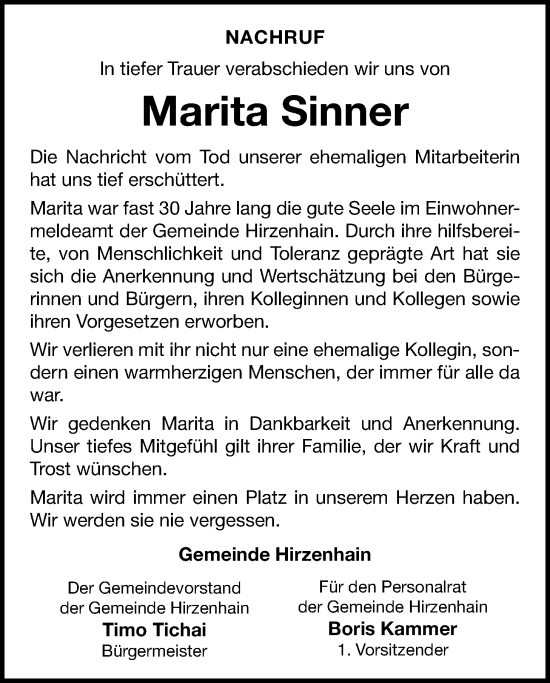 Traueranzeige von Marita Sinner von Kreis-Anzeiger