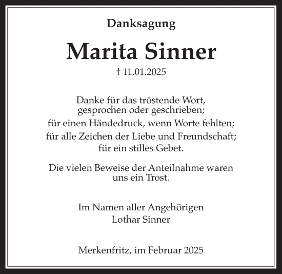 Traueranzeige von Marita Sinner von Kreis-Anzeiger