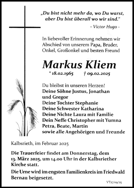 Traueranzeige von Markus Kliem von Wetterauer Zeitung, Bad Vilbel/Karben