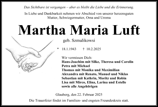 Traueranzeige von Martha Maria Luft von Kreis-Anzeiger