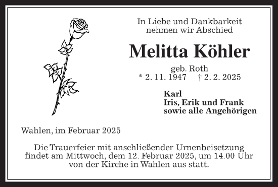 Traueranzeige von Melitta Köhler von Oberhessische Zeitung