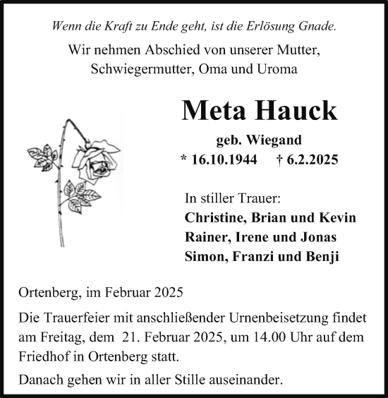 Traueranzeige von Meta Hauck von Kreis-Anzeiger