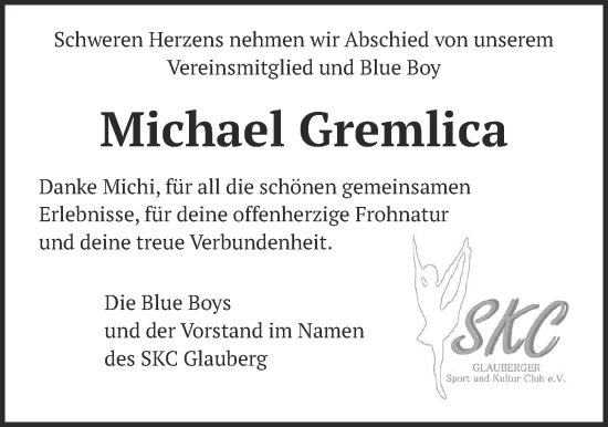 Traueranzeige von Michael Gremlica von Kreis-Anzeiger