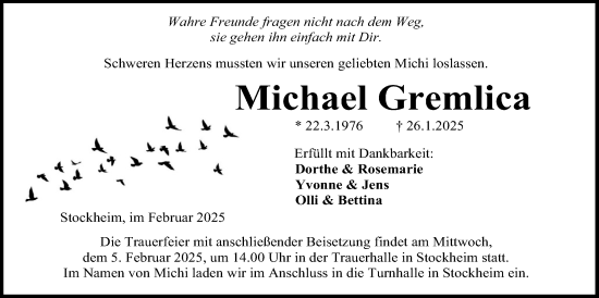Traueranzeige von Michael Gremlica von Kreis-Anzeiger