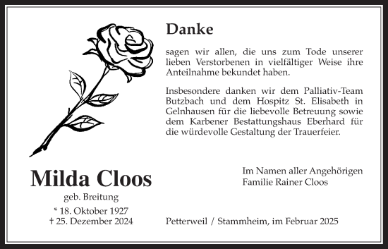 Traueranzeige von Milda Cloos von Bad Vilbel/Karben, Wetterauer Zeitung