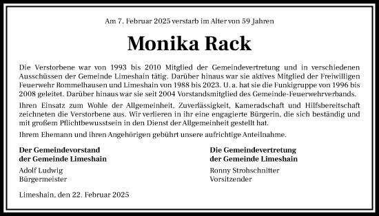 Traueranzeige von Monika Rack von Kreis-Anzeiger