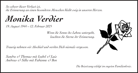 Traueranzeige von Monika Verdier von Usinger Anzeiger