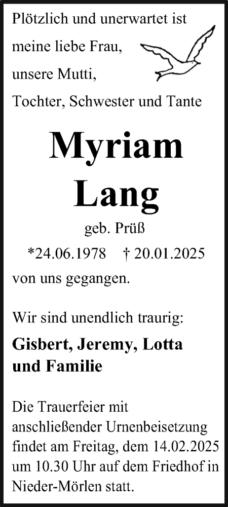 Traueranzeige von Myriam Lang von Wetterauer Zeitung