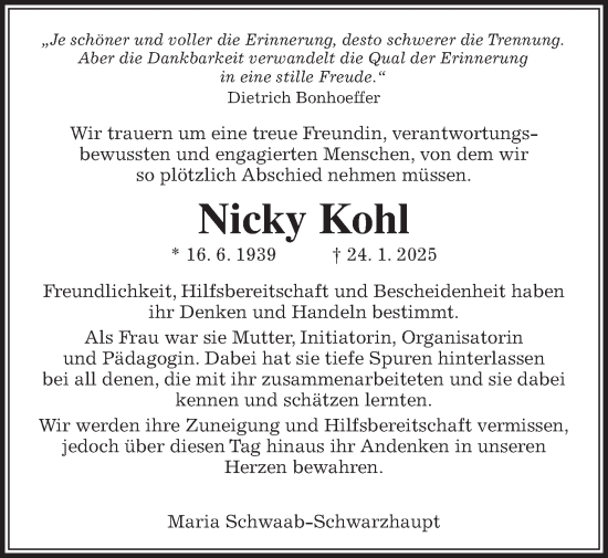 Traueranzeige von Nicky Kohl von Kreis-Anzeiger
