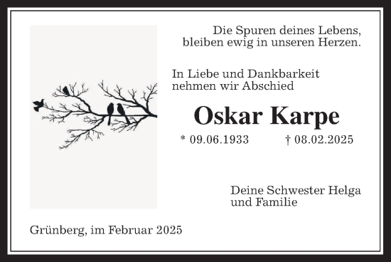 Traueranzeige von Oskar Karpe von Giessener Anzeiger