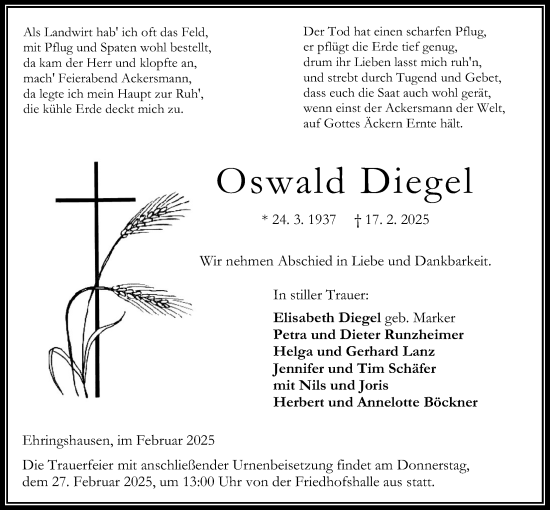 Traueranzeige von Oswald Diegel von Oberhessische Zeitung