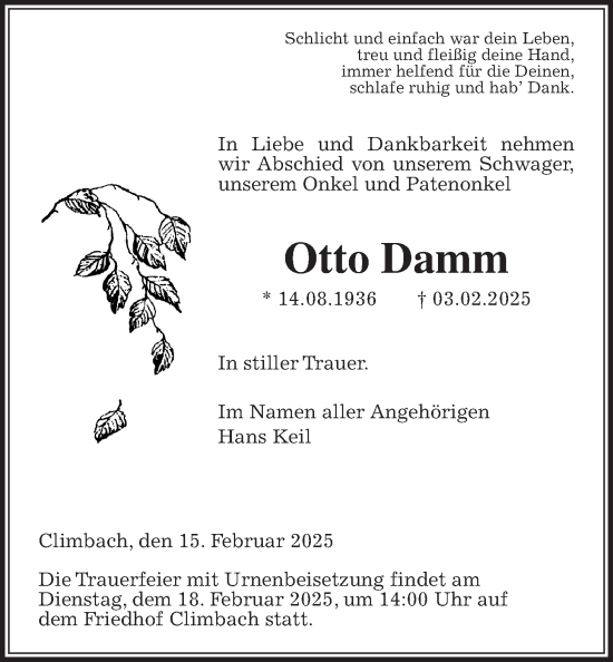 Traueranzeige von Otto Damm von Giessener Anzeiger, Giessener Allgemeine, Alsfelder Allgemeine