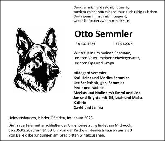 Traueranzeige von Otto Semmler von Oberhessische Zeitung