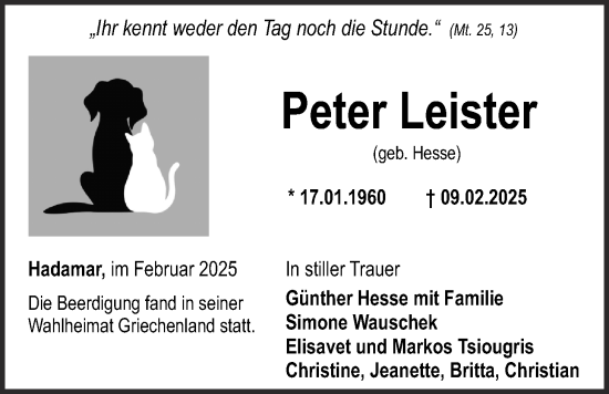 Traueranzeige von Peter Leister von Wetterauer Zeitung