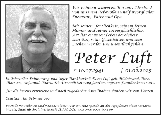 Traueranzeige von Peter Luft von Wetterauer Zeitung, Wetterauer Zeitung, Wetterauer Zeitung