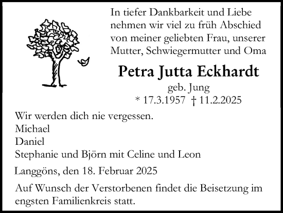 Traueranzeige von Petra Jutta Eckhardt von Giessener Allgemeine, Alsfelder Allgemeine
