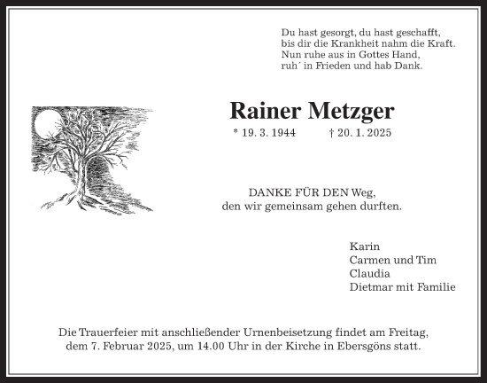 Traueranzeige von Rainer Metzger von Butzbacher Zeitung