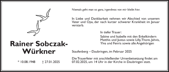 Traueranzeige von Rainer Sobczak-Würkner von Giessener Allgemeine, Alsfelder Allgemeine, Giessener Anzeiger