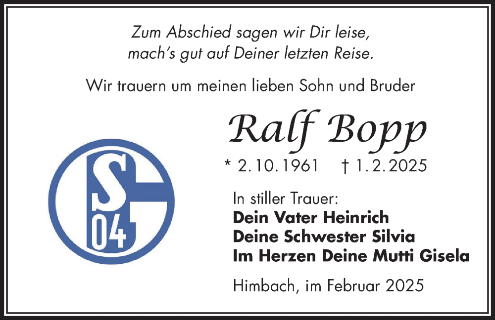  Traueranzeige für Ralf Bopp vom 15.02.2025 aus Kreis-Anzeiger