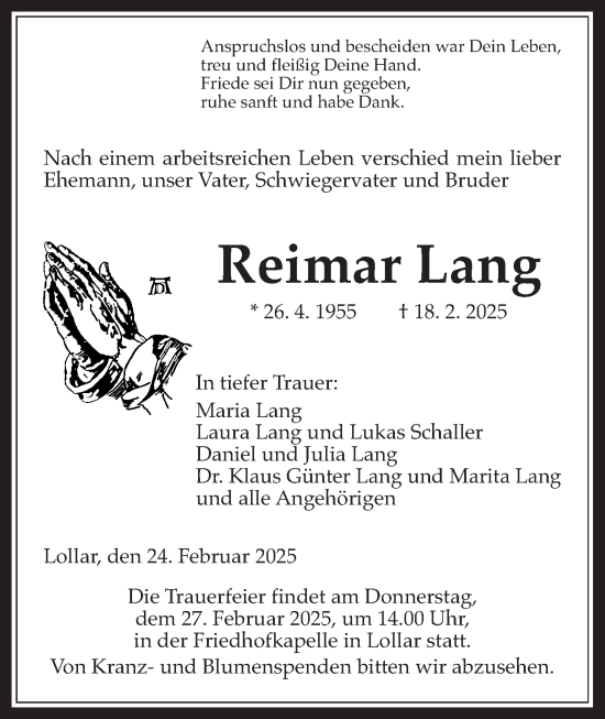 Traueranzeige von Reimar Lang von Giessener Allgemeine, Alsfelder Allgemeine, Giessener Allgemeine, Alsfelder Allgemeine