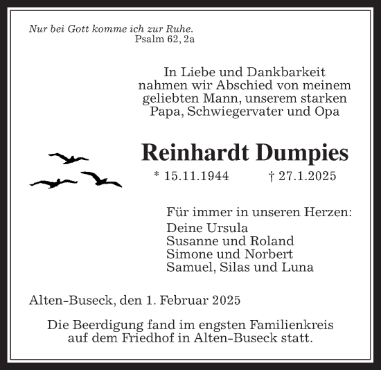 Traueranzeige von Reinhardt Dumpies von Giessener Allgemeine, Alsfelder Allgemeine