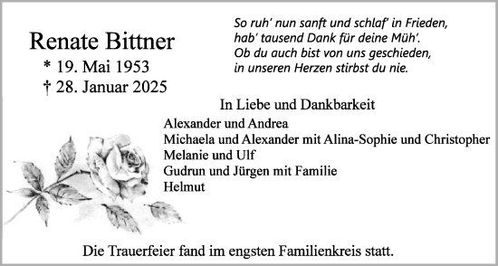 Traueranzeige von Renate Bittner von Butzbacher Zeitung