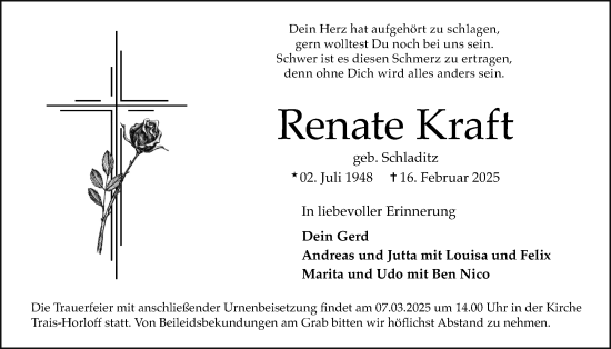Traueranzeige von Renate Kraft von Licher Wochenblatt