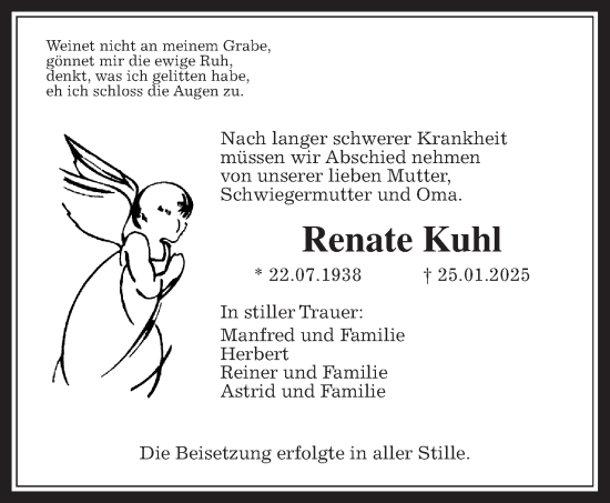 Traueranzeige von Renate Kuhl von Giessener Allgemeine, Alsfelder Allgemeine