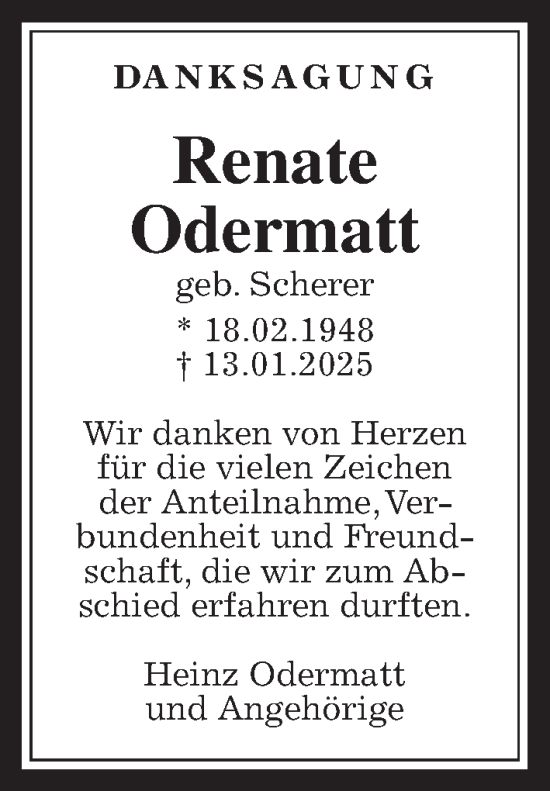 Traueranzeige von Renate Odermatt von Wetterauer Zeitung