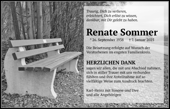 Traueranzeige von Renate Sommer von Butzbacher Zeitung, Giessener Anzeiger