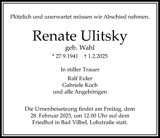 Traueranzeige von Renate Ulitsky von Bad Vilbel/Karben