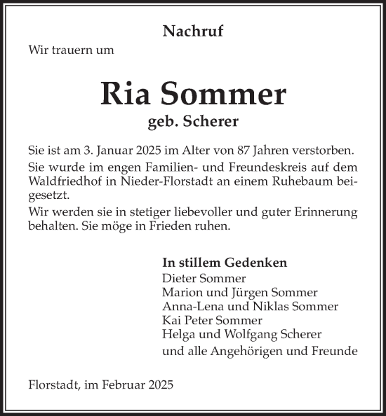 Traueranzeige von Ria Sommer von Wetterauer Zeitung