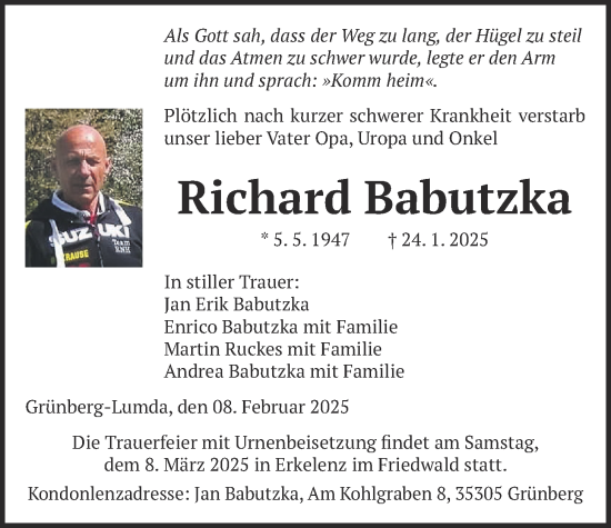Traueranzeige von Richard Babutzka von Giessener Allgemeine, Alsfelder Allgemeine