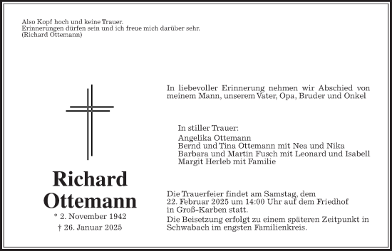 Traueranzeige von Richard Ottemann von Wetterauer Zeitung, Bad Vilbel/Karben