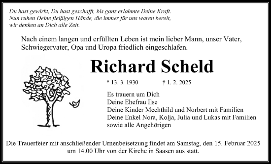 Traueranzeige von Richard Scheld von Giessener Allgemeine, Alsfelder Allgemeine