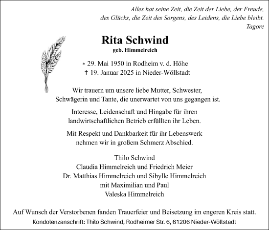Traueranzeige von Rita Schwind von Wetterauer Zeitung