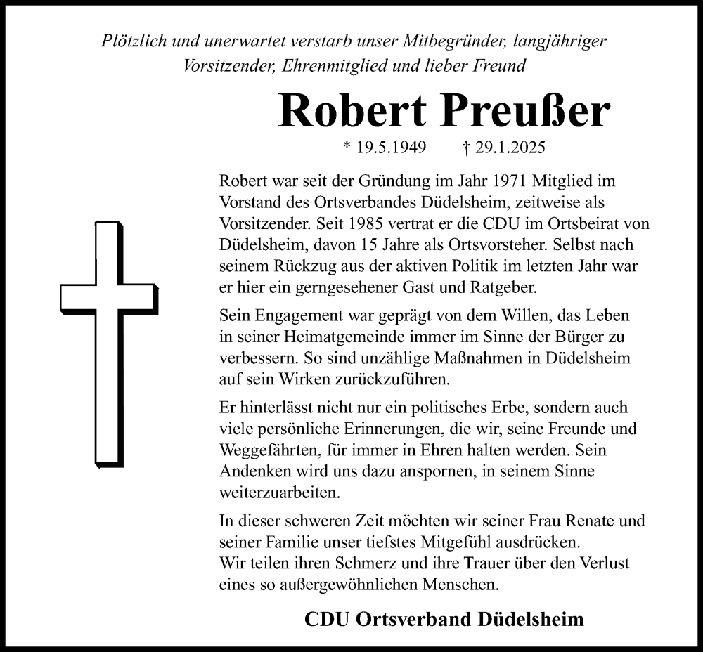  Traueranzeige für Robert Preußer vom 08.02.2025 aus Kreis-Anzeiger