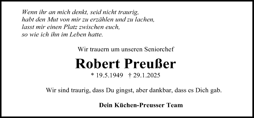  Traueranzeige für Robert Preußer vom 08.02.2025 aus Kreis-Anzeiger