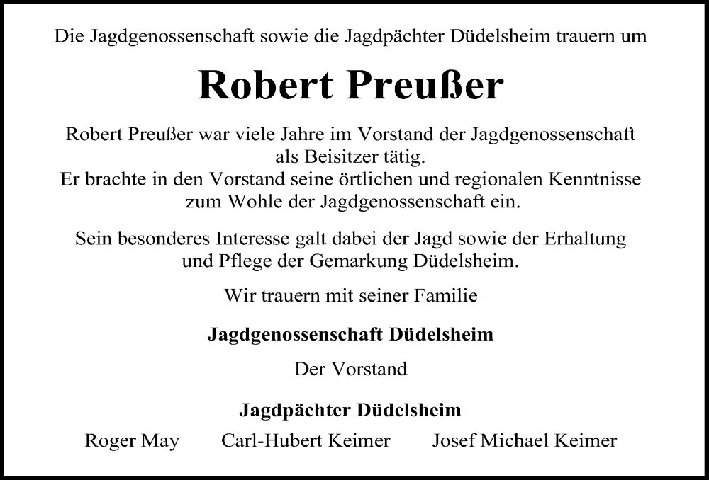  Traueranzeige für Robert Preußer vom 08.02.2025 aus Kreis-Anzeiger