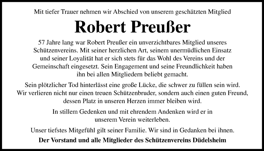  Traueranzeige für Robert Preußer vom 08.02.2025 aus Kreis-Anzeiger